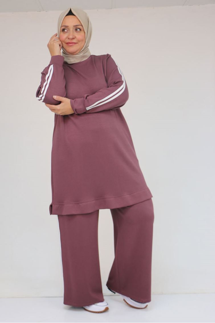 57060 Büyük Beden Omzu Şeritli Modal Pantolonlu Takım - Gül Kurusu