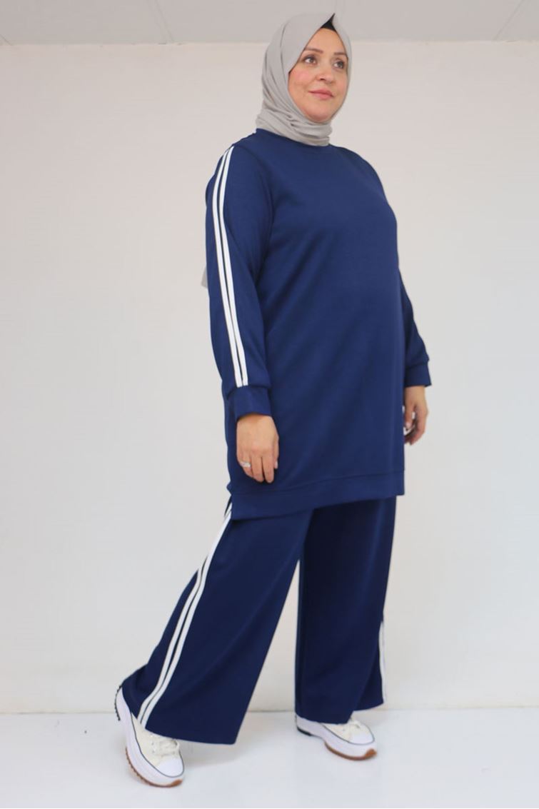 57060 Büyük Beden Omzu Şeritli Modal Pantolonlu Takım - İndigo