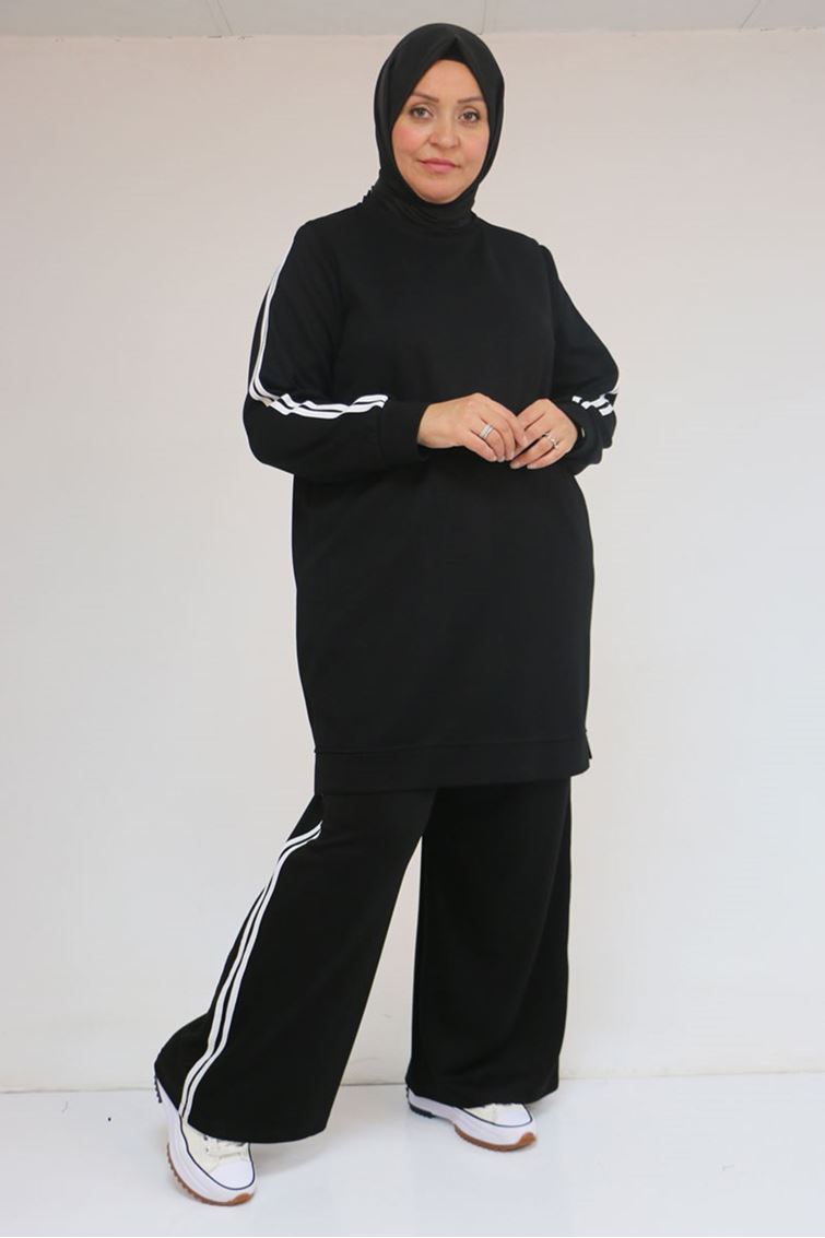 57060 Büyük Beden Omzu Şeritli Modal Pantolonlu Takım - Siyah