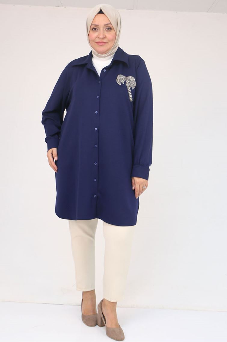 58126 Büyük Beden Düğmeli Aksesuar Detaylı Modal Tunik - İndigo