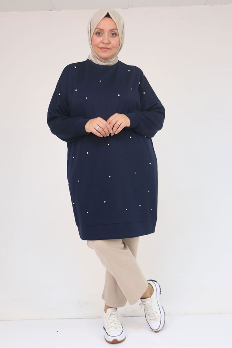 58157 Büyük Beden Beyoğlu Taş Çakmalı Modal Tunik - Lacivert
