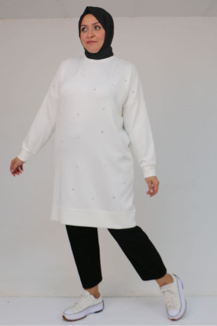 58157 Büyük Beden Beyoğlu Taş Çakmalı Modal Tunik - Ekru