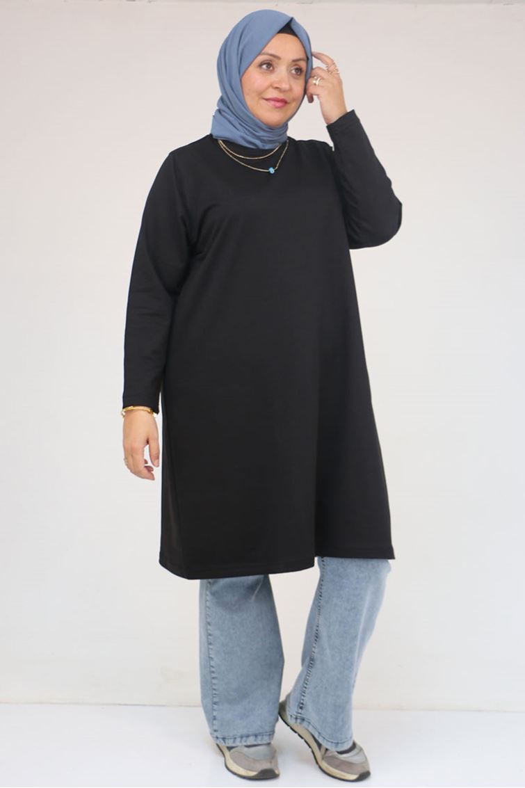 58154 Büyük Beden Yakası Biyeli İki İplik Tunik - Siyah