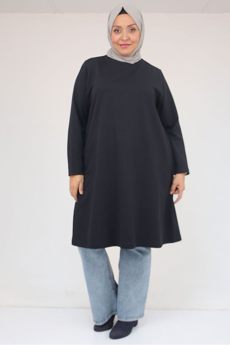 58154 Büyük Beden Yakası Biyeli İki İplik Tunik - Lacivert