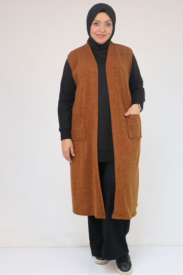 54012 Büyük Beden Cepli Giy-Çık Mir Yelek - Taba