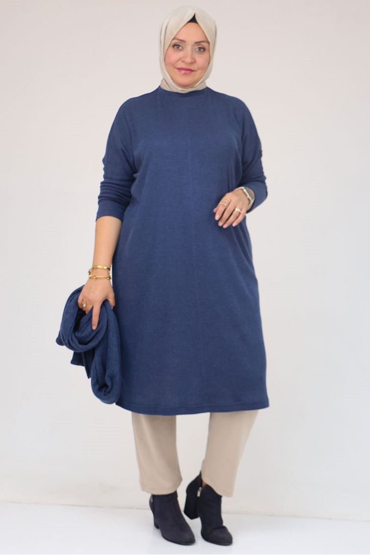 58158 Büyük Beden Atkı Modelli Mir Tunik - İndigo