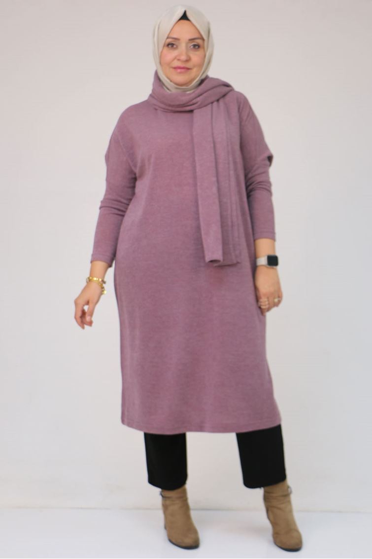 58158 Büyük Beden Atkı Modelli Mir Tunik - Gül Kurusu