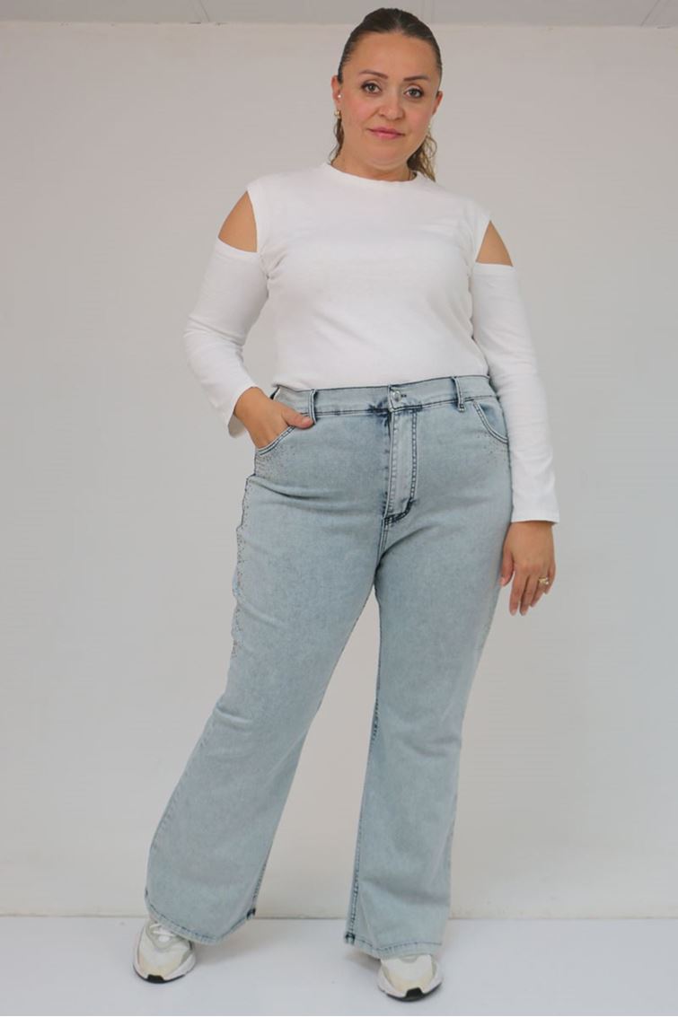 9204-1 Büyük Beden Kemerli Taş Detaylı Kot Pantolon - Kar Yıkama Buz Mavi