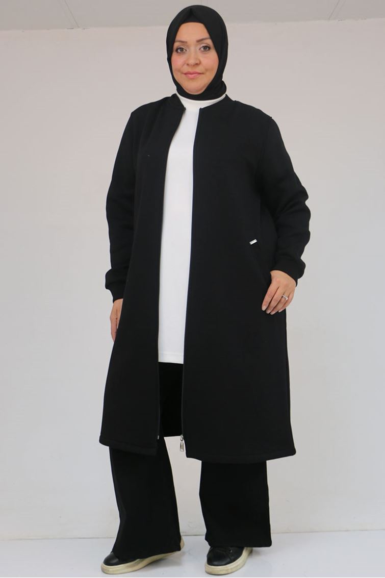 33096 Büyük Beden Fermuarlı Üç İplik  Kap - Siyah