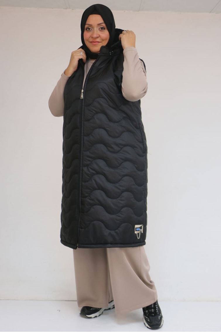 44004 Büyük Beden Cepli Fermuarlı Kapitone Yelek - Siyah