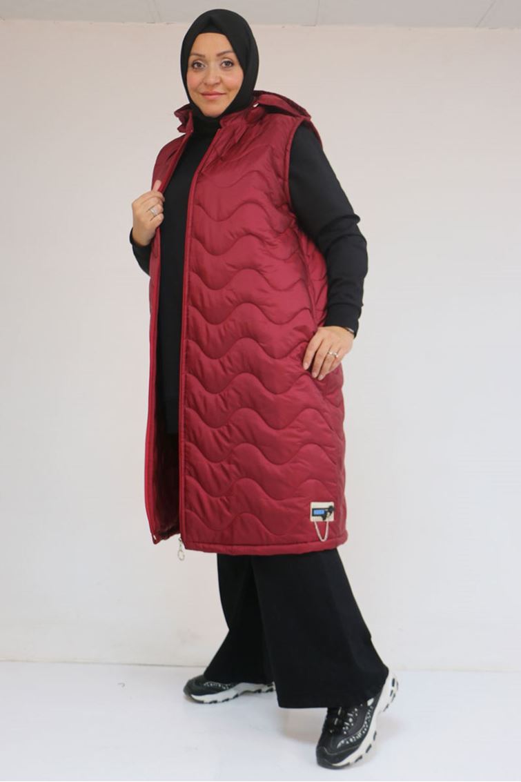 44004 Büyük Beden Cepli Fermuarlı Kapitone Yelek - Bordo