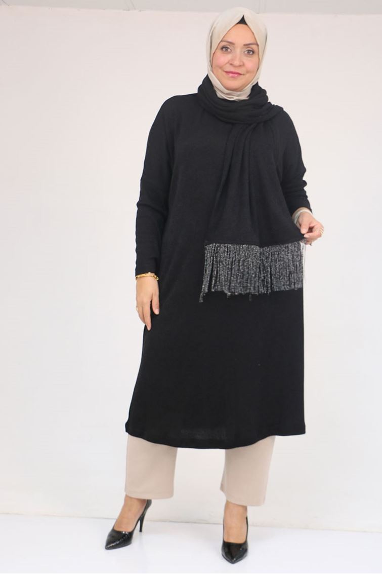 58158-1 Büyük Beden  Atkısı Püsküllü  Mir Tunik - Siyah