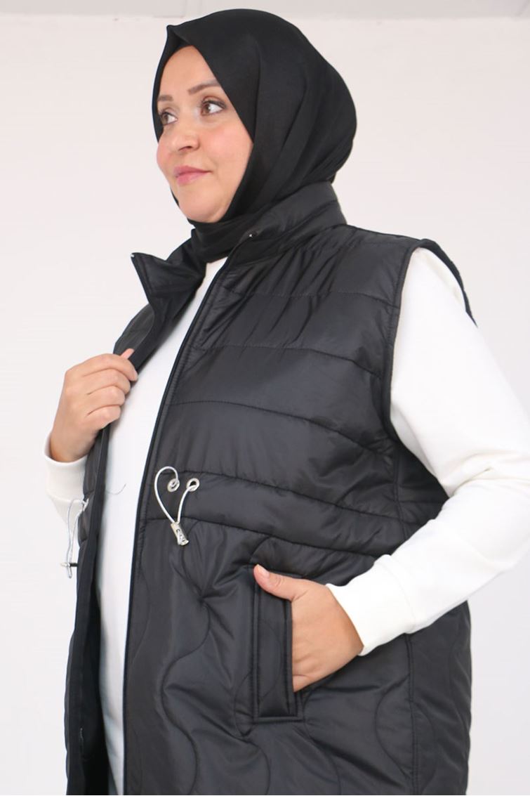 44009-E Büyük Beden Bebe Lastiği Detaylı Kapitone Yelek - Siyah