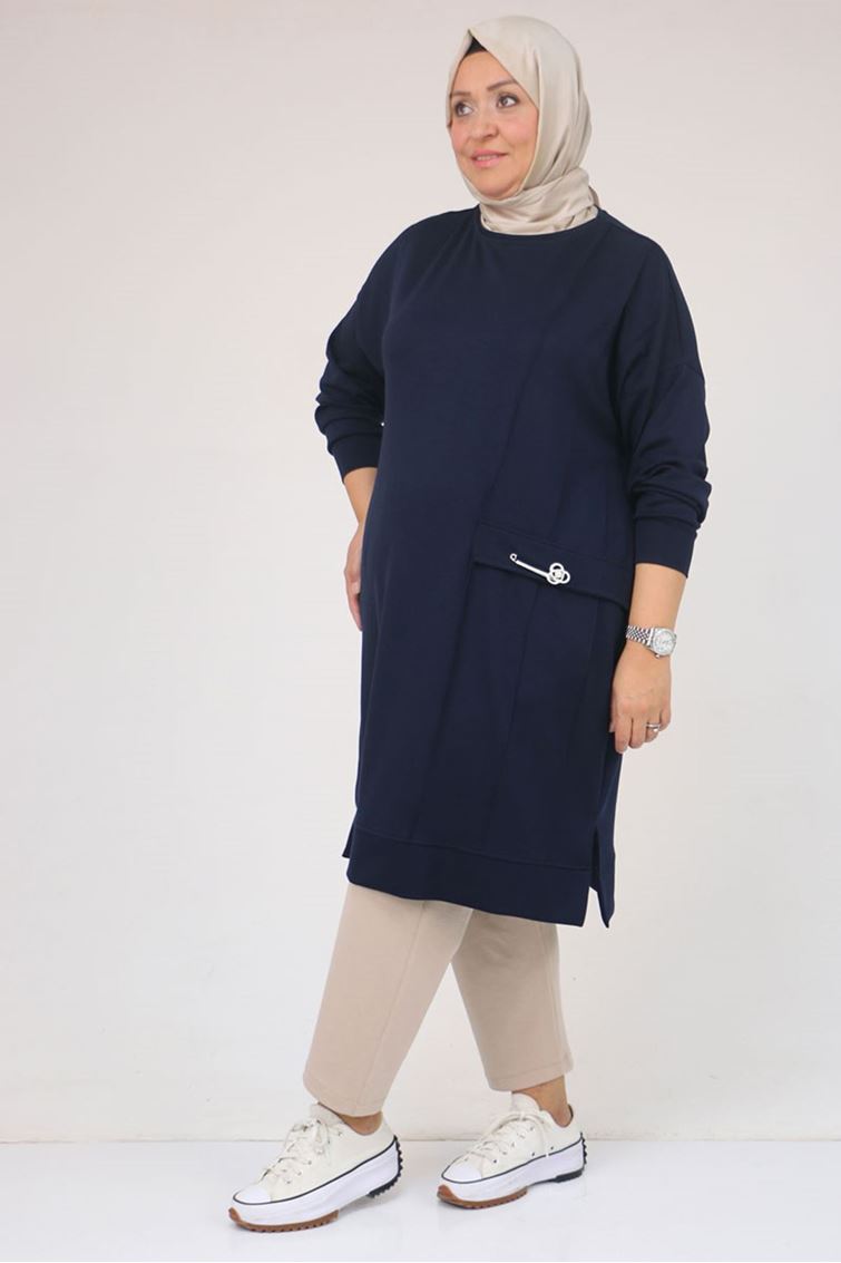 58160 - Büyük Beden İncili Bros Detaylı Modal Tunik - Lacivert