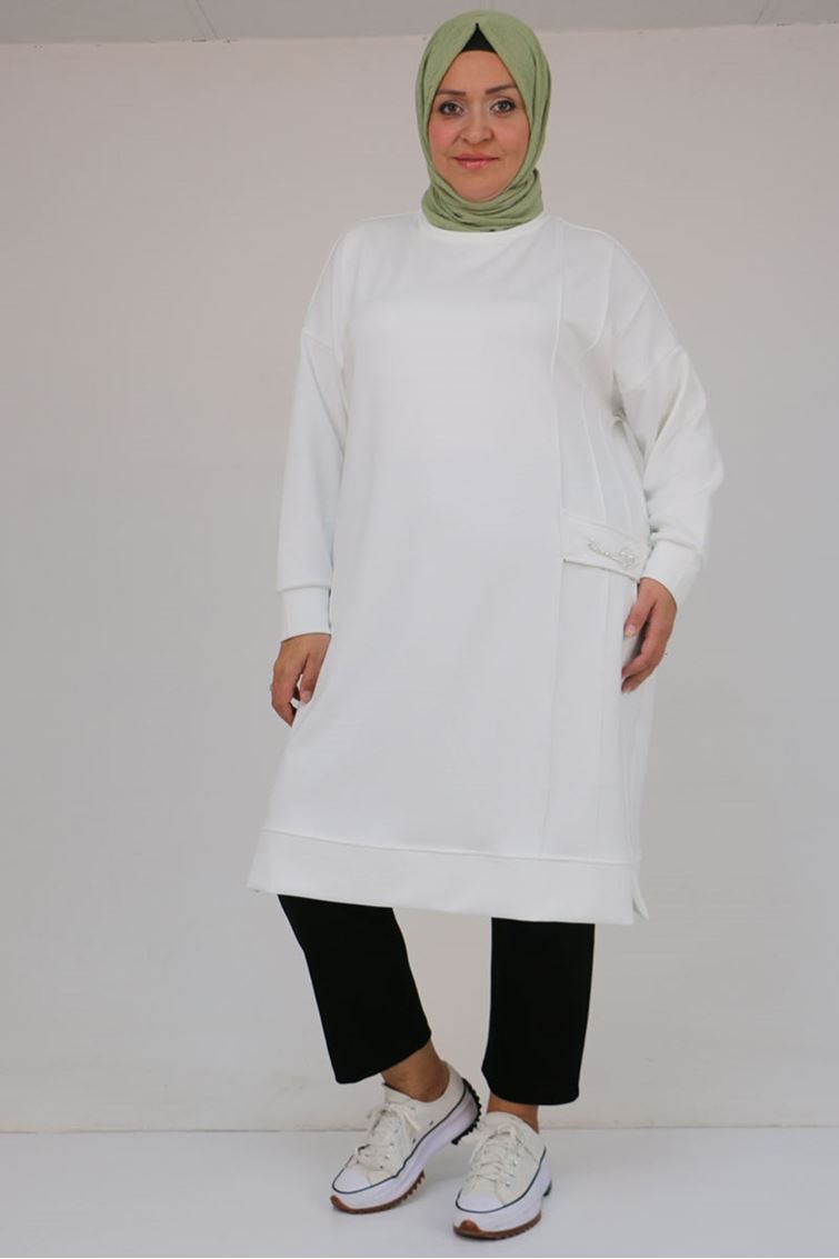 58160 - Büyük Beden İncili Bros Detaylı Modal Tunik- Ekru