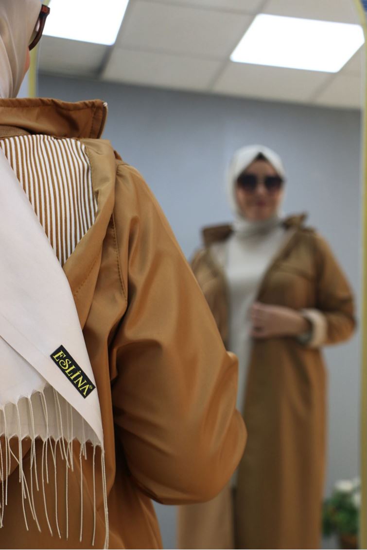 33068-E Büyük Beden Kapüşonlu Bondit Kap- Camel