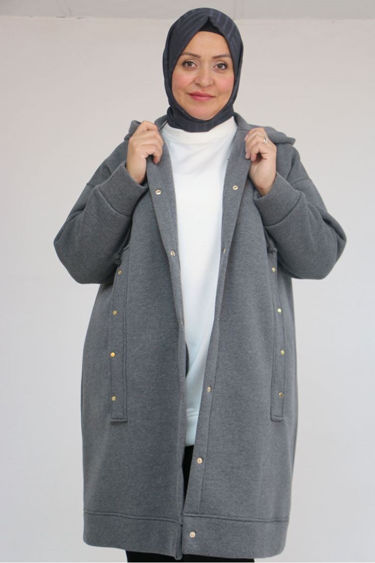 43077 Büyük Beden Kol Ve Etek Ucu Ribanalı Üç İplik Kap - Antrasit