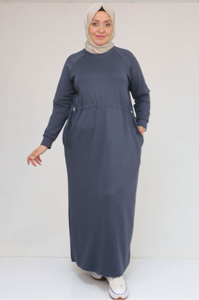 42032 Büyük Beden Beli Lastikli Modal Elbise - Antrasit
