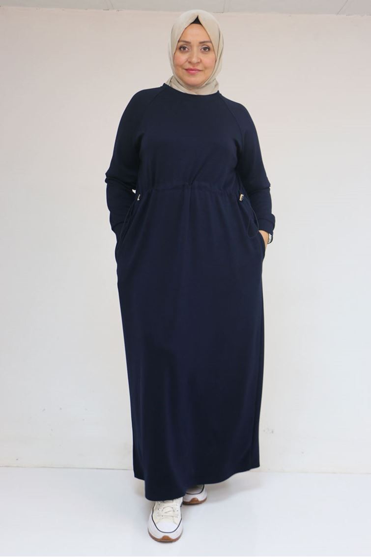 42032 Büyük Beden Beli Lastikli Modal Elbise - Lacivert