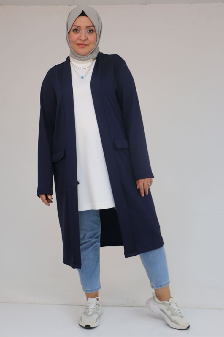 53048 Büyük Beden Cepli Uzun Modal Ceket - Lacivert