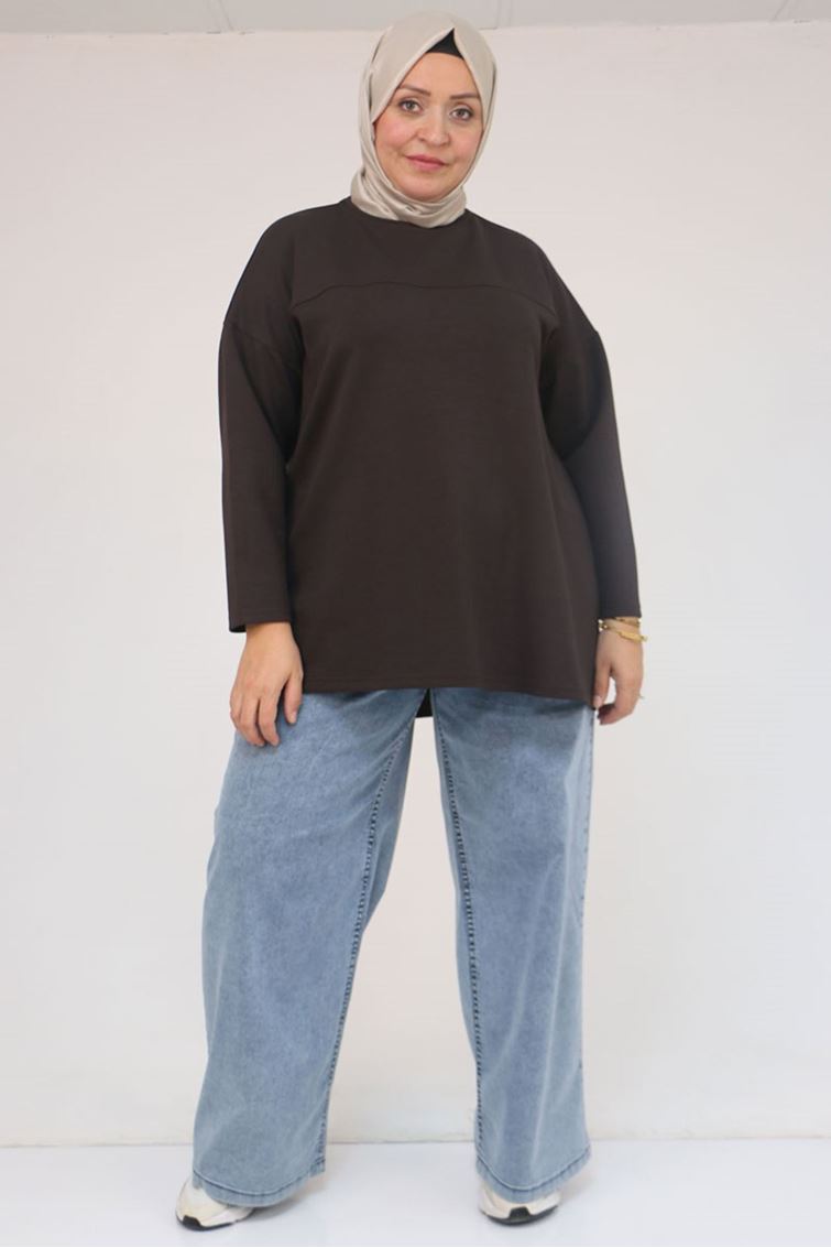 58132 Büyük Beden Önü Çıma Detaylı Yanı Yırtmaçlı Modal Tunik - Kahve