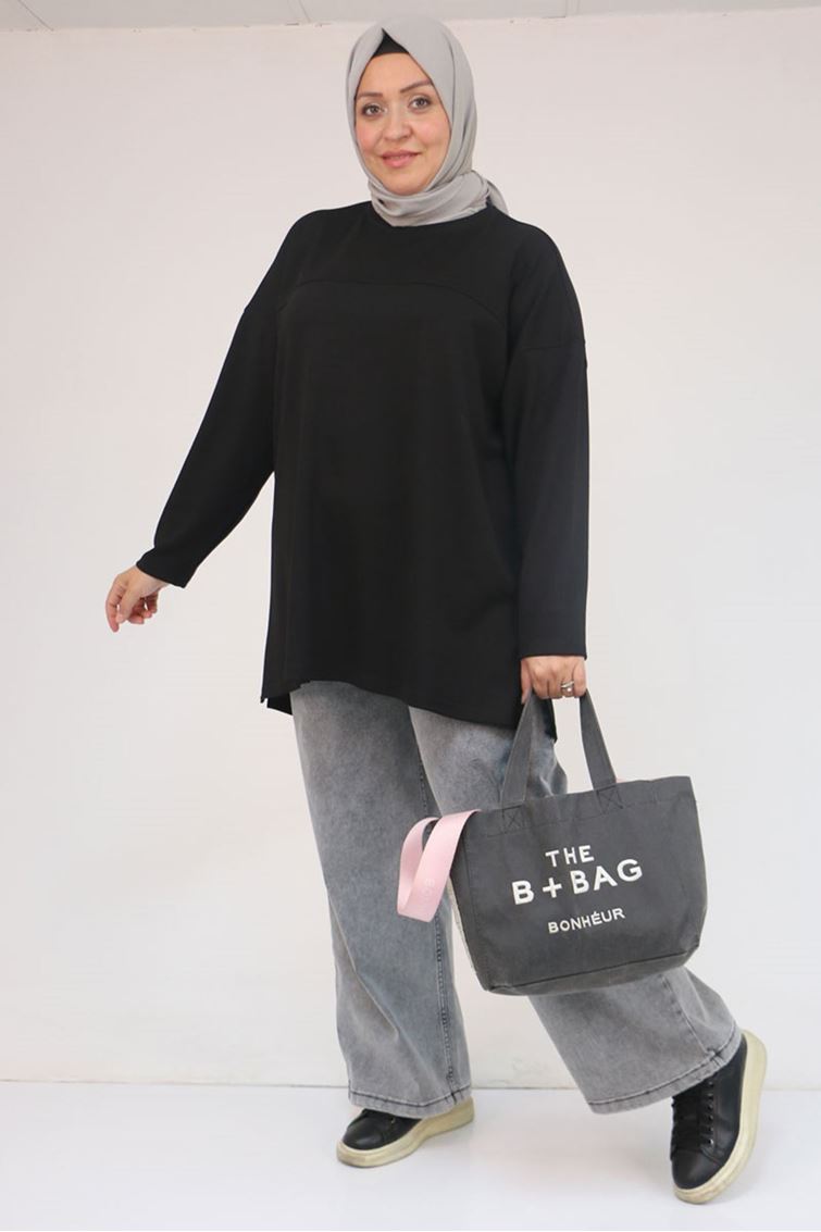 58132 Büyük Beden Önü Çıma Detaylı Yanı Yırtmaçlı Modal Tunik - Siyah