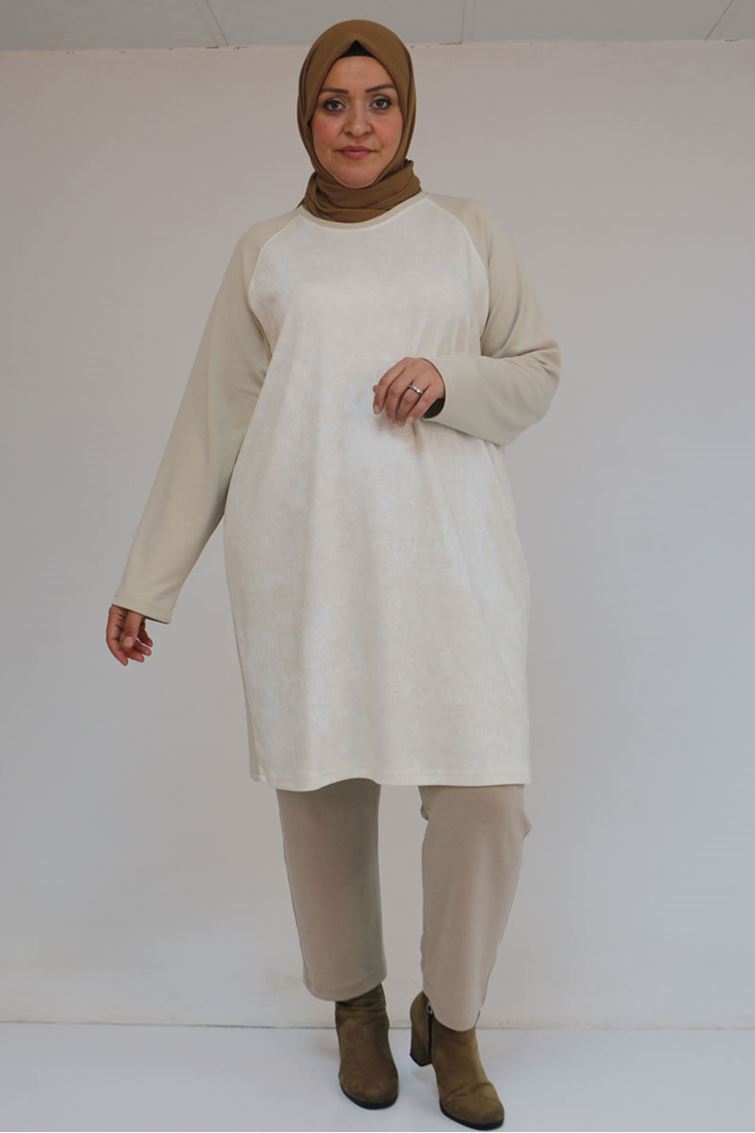 58162 Büyük Beden Garnili Modal Tunik - Bej