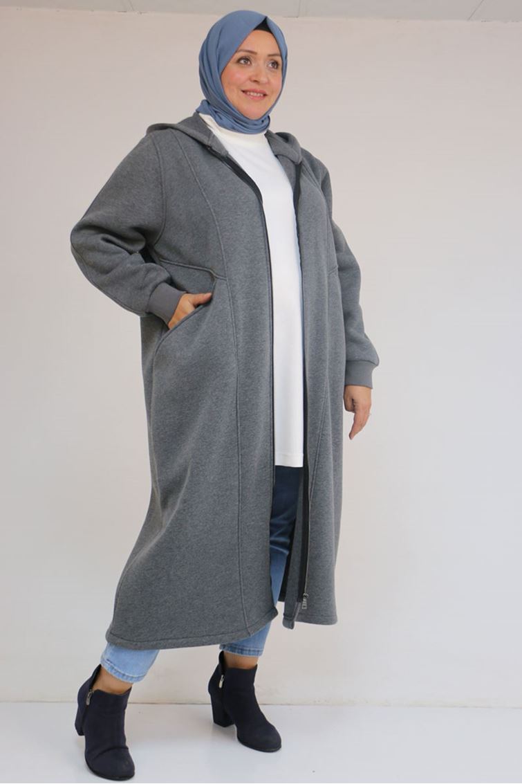 53059 Büyük Beden Kolları Ribanalı Üç İplik Kap - Antrasit