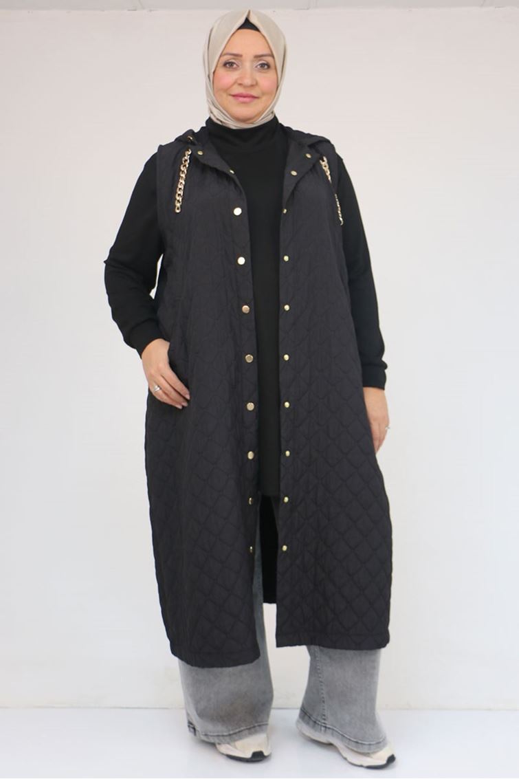 54008-1 Büyük Beden Zincir Kordonlu Modal-Kapitone Yelek - Siyah