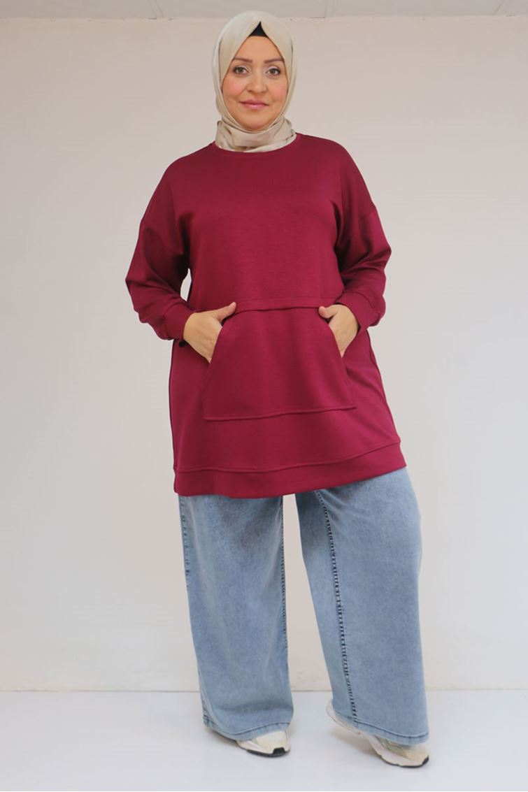 58133 Büyük Beden Kanguru Cepli Modal Tunik - Bordo