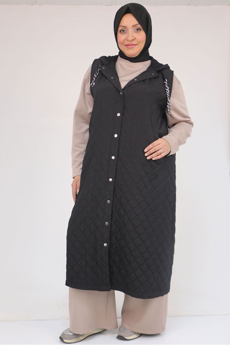 54008 Büyük Beden Zincir Kordonlu Modal-Kapitone Yelek - Siyah