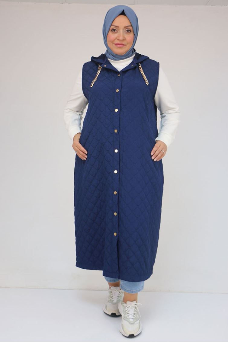 54008-1 Büyük Beden Zincir Kordonlu Modal-Kapitone Yelek - İndigo