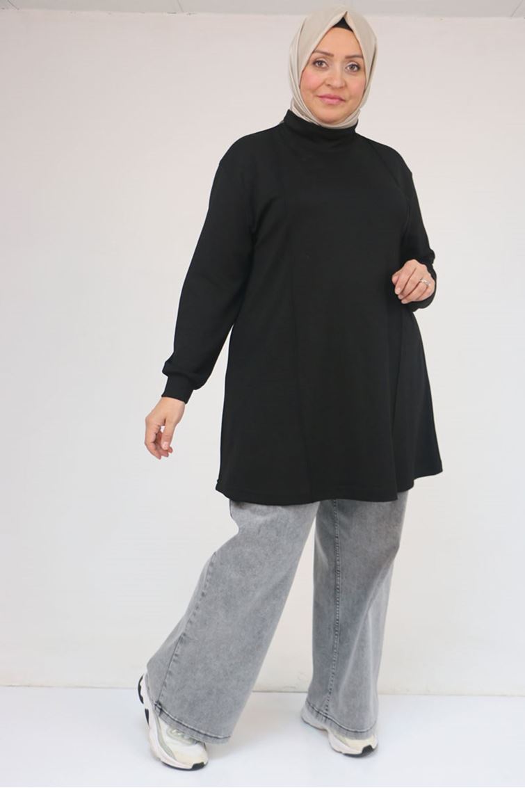 58134 Büyük Beden Boğazlı Yaka Modal Tunik - Siyah
