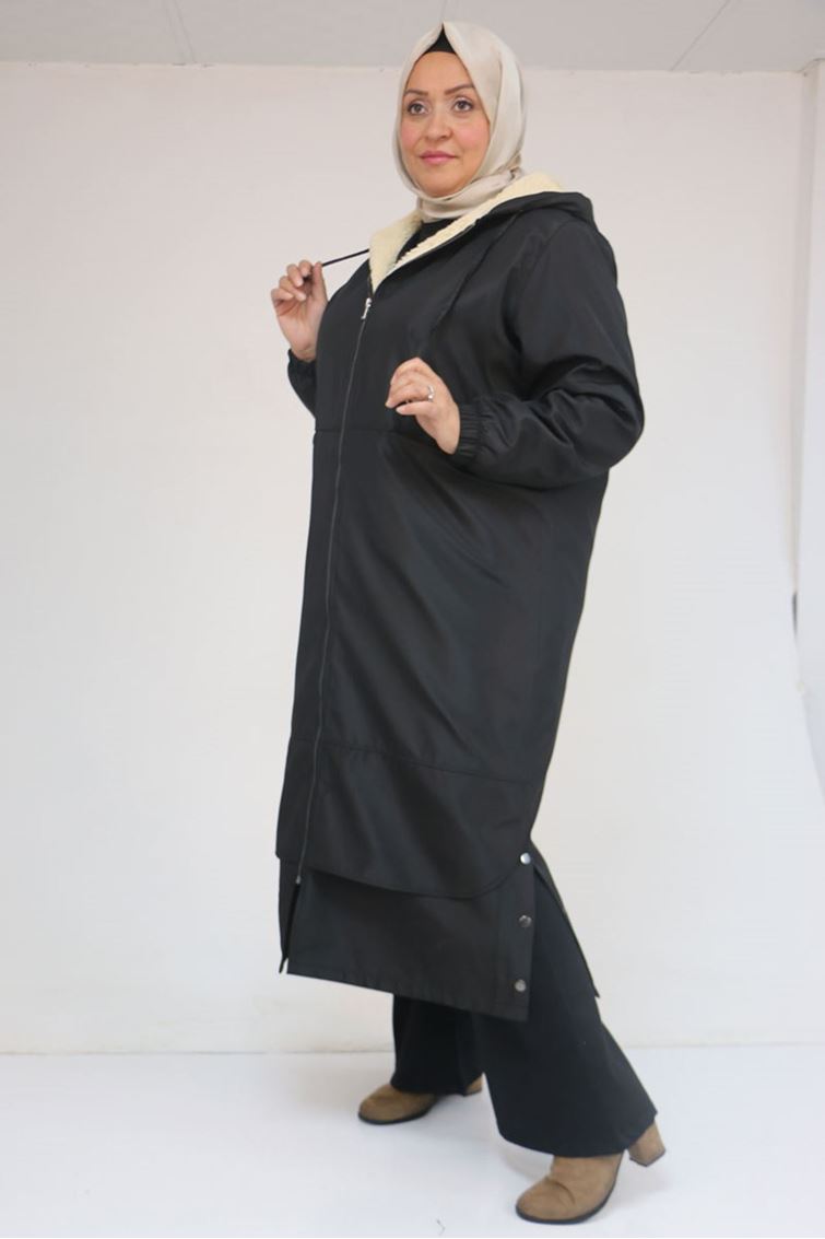 43062 Büyük Beden Kolları Lastikli Kapşonlu Bondit Kap - Siyah