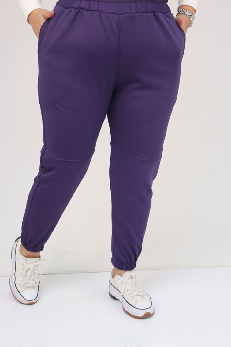 59508 Büyük Beden Parçalı Beli Lastikli Tayt - Mor