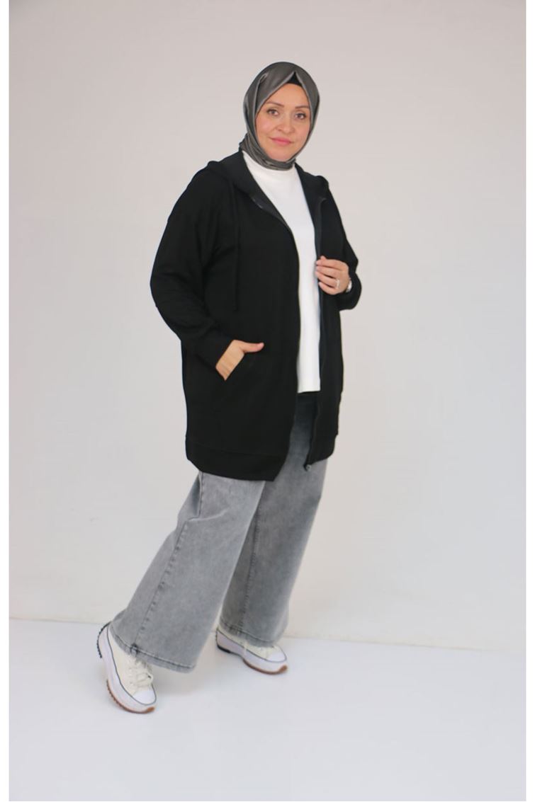 53057  Büyük Beden  Kapüşonlu Fermuarlı Modal Ceket - Siyah