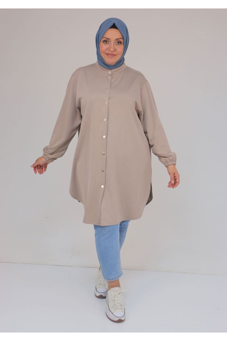 58169 Büyük Beden Hakim Yaka Çıtçıtlı Modal Tunik - Bej