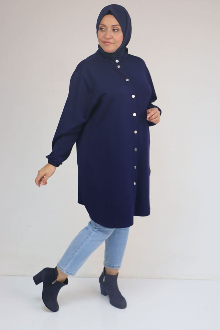 58169 Büyük Beden Hakim Yaka Çıtçıtlı Modal Tunik - İndigo