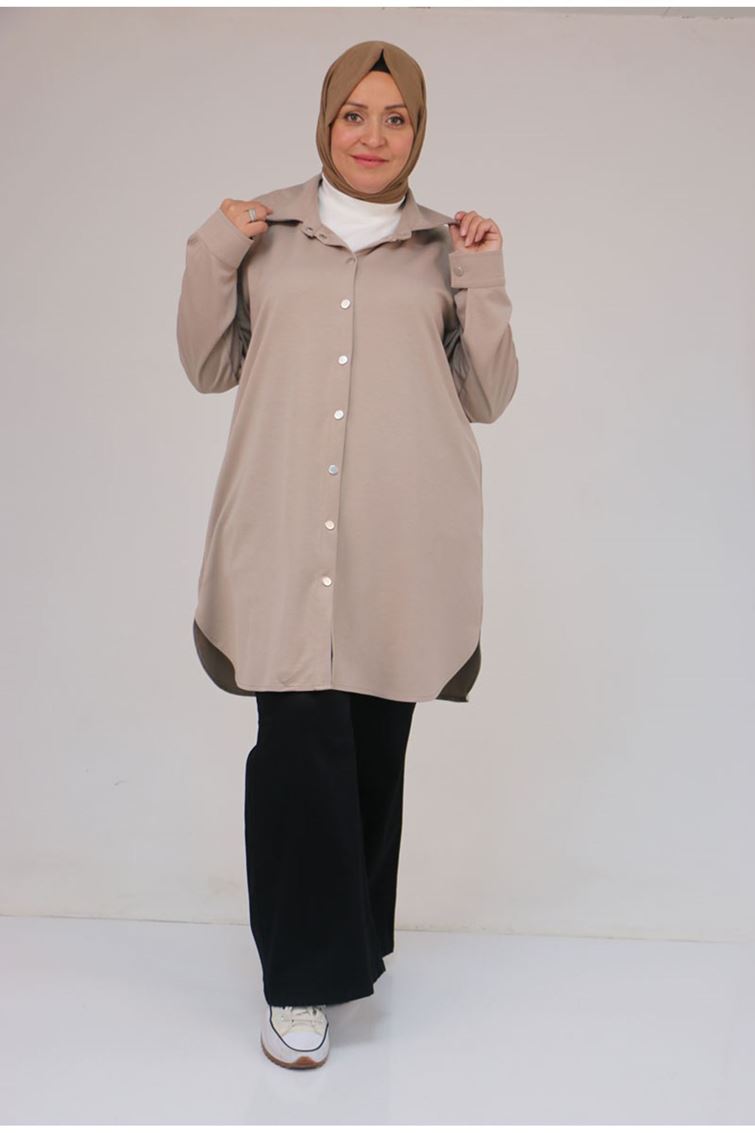 58168 Büyük Beden Erkek Yakalı Çıtçıtlı Modal Tunik - Bej