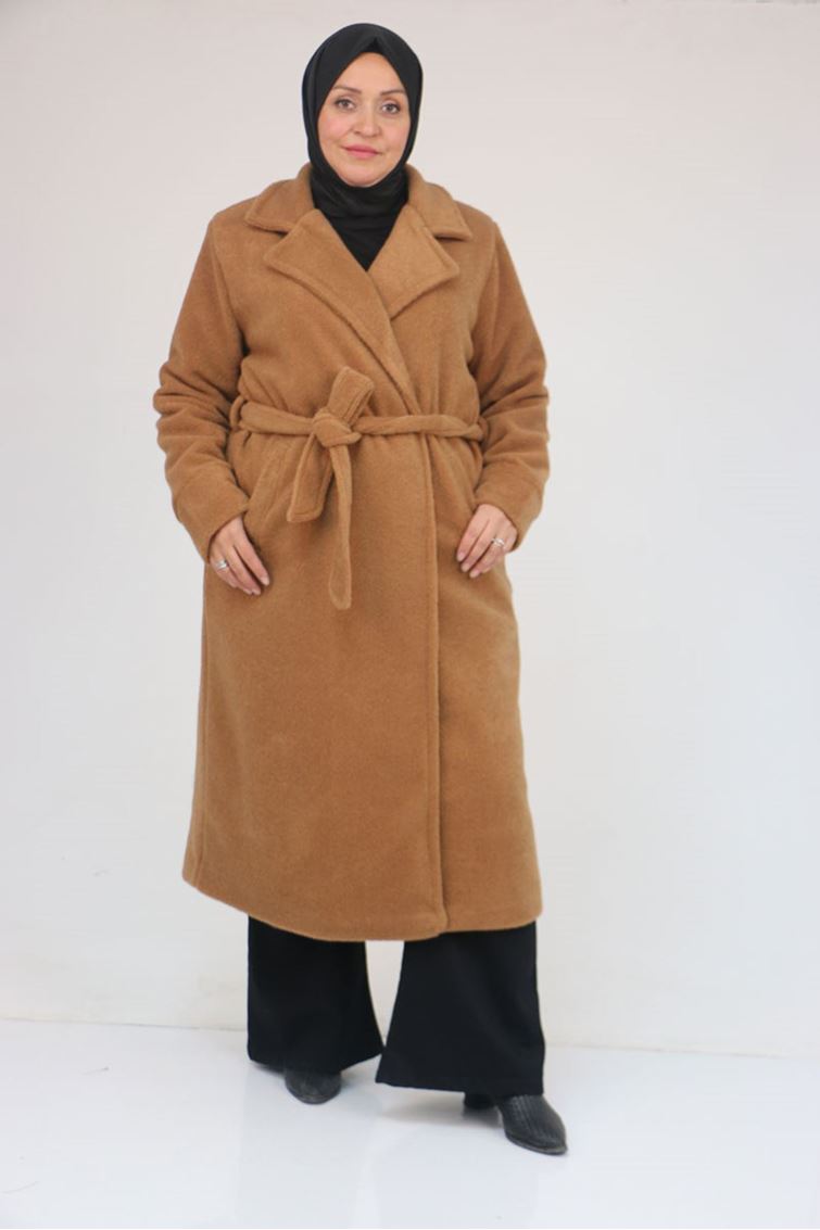 53049 Büyük Beden Keçe Kalın Manşetli Kaban - Taba