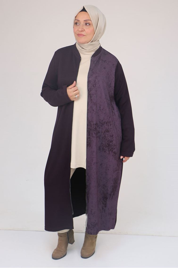 53058 Büyük Beden Fermuarlı Batik-Modal Ceket - Mürdüm