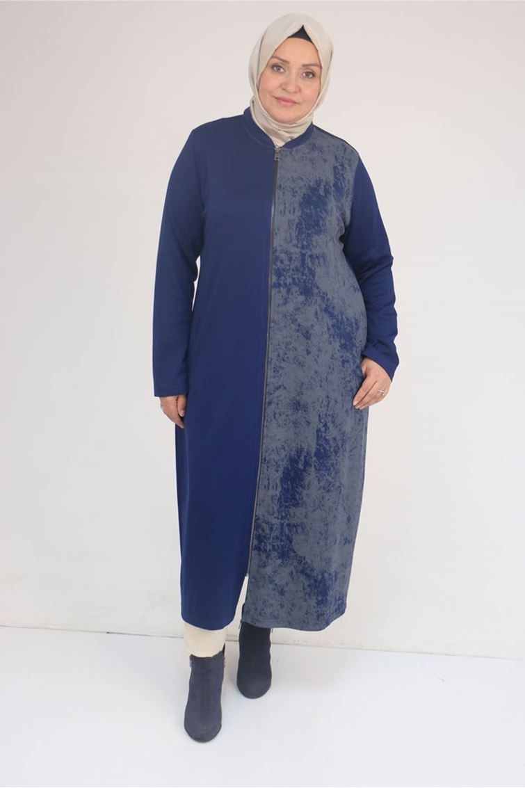 53058 Büyük Beden Fermuarlı Batik-Modal Ceket - İndigo