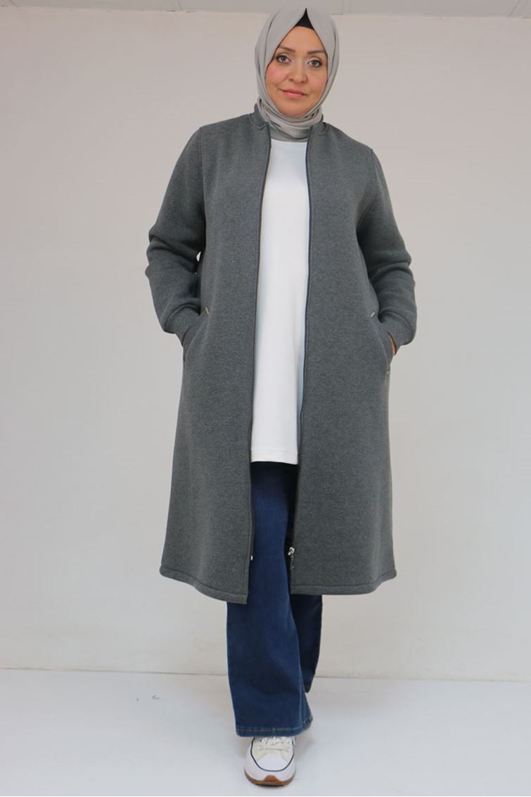 33096-E Büyük Beden Fermuarlı Üç İplik  Kap - Antrasit