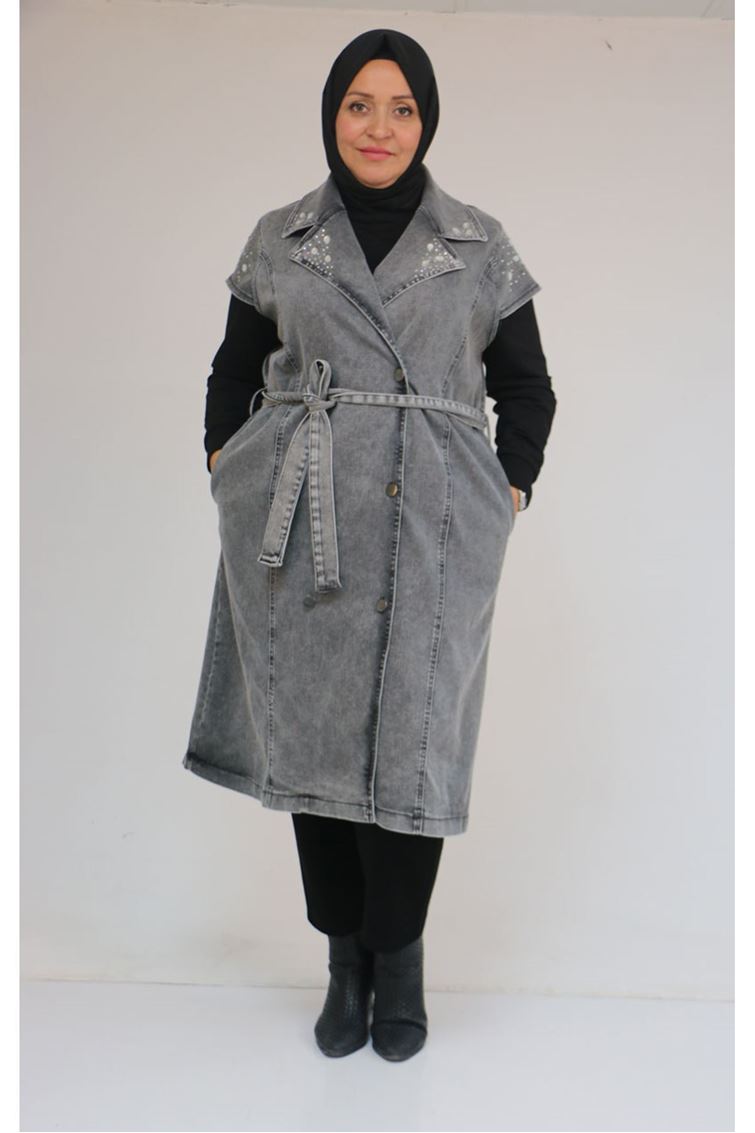 44010 Büyük Beden Yaka Ve Omzu Taş Detaylı Kot Yelek - Siyah