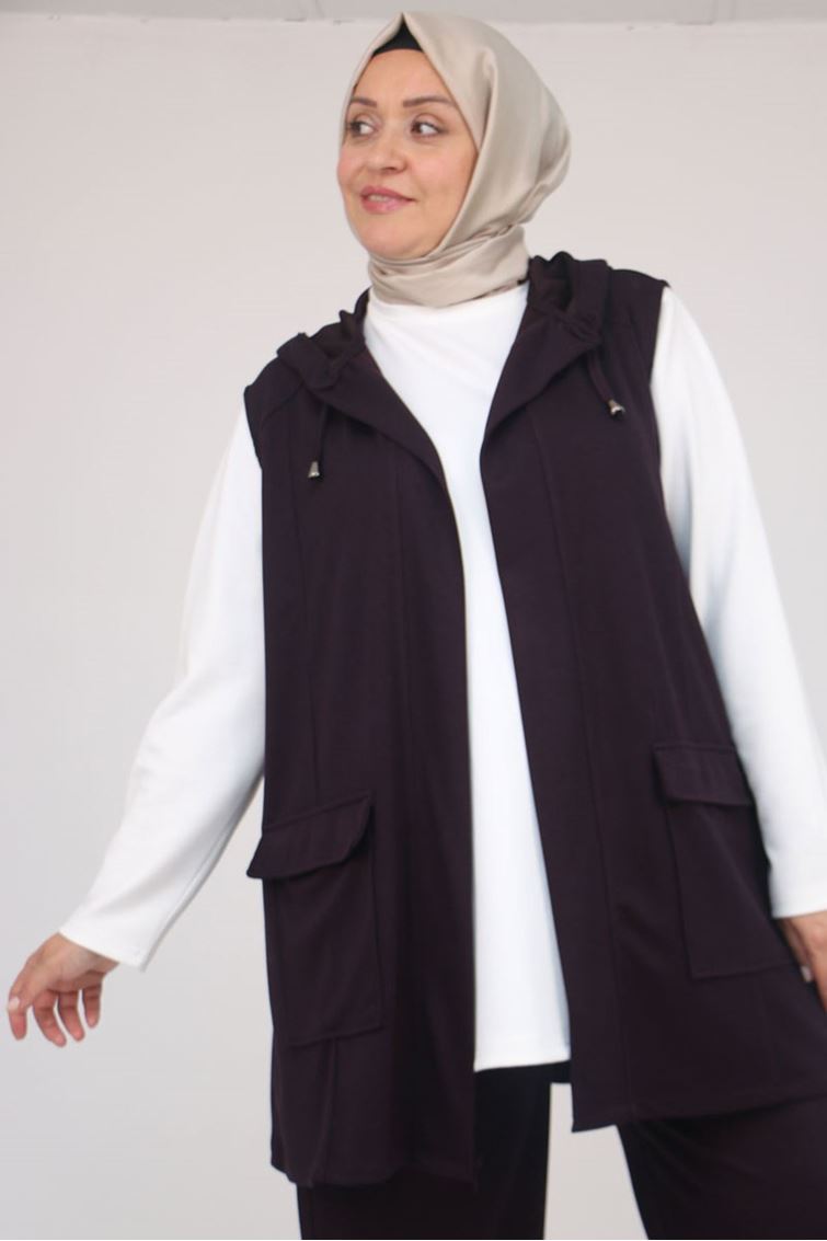 57305 Büyük Beden Modal Yeleği Cepli Üçlü Takım - Mürdüm