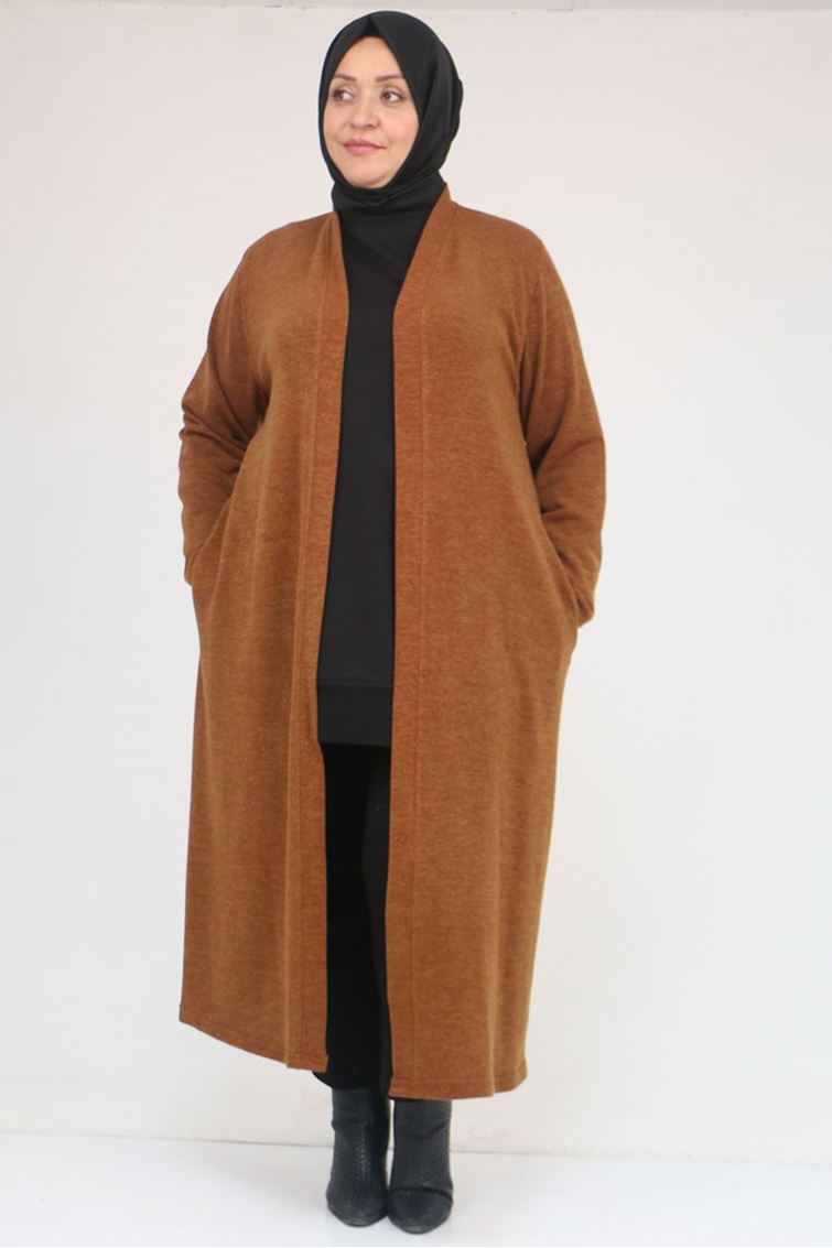 53061 Büyük Beden Cepli Uzun Mir Ceket - Taba