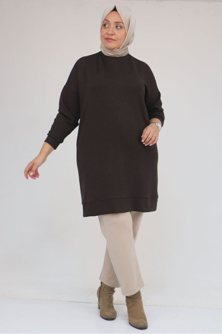 58151 Büyük Beden Kol Ve Etek Ucu Kendinden Ribanalı Modal Tunik - Kahve