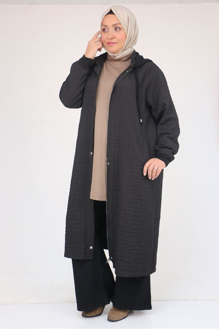 53043-E Büyük Beden Yakalı Modal-Kapitone Kap - Siyah