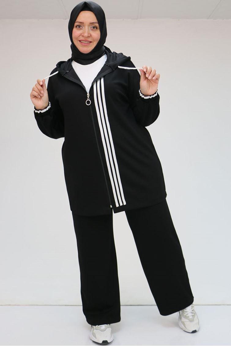 47058-E Büyük Beden Şerit Detaylı Modal Pantolonlu Takım - Siyah