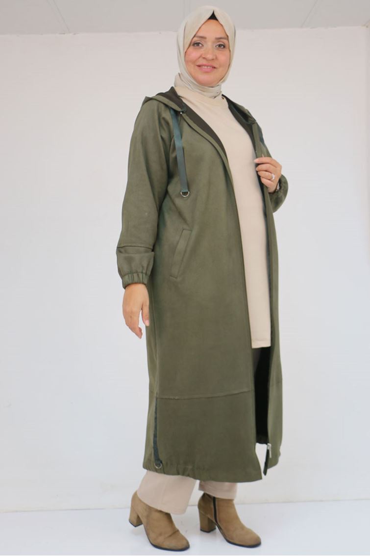 43078-E Büyük Beden Kolları Lastikli Pat Detaylı Nubuk Kap - Haki